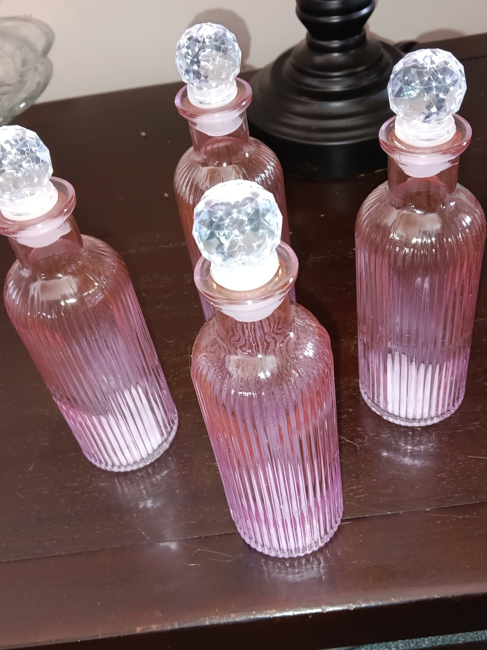 Unk Pink Glass Ribbed Vanity Bottles with Crystal Stoppers